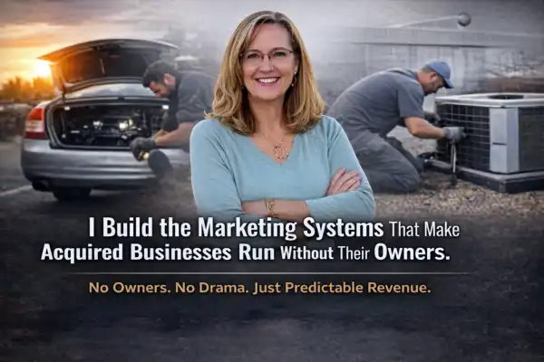A smiling woman stands in front of two workers fixing machinery outdoors. Text reads: I build the marketing systems that make acquired businesses run with my freelance marketing strategist and copywriter services. No owners. No drama. Just predictable revenue.