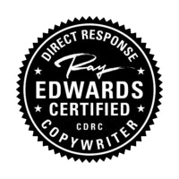 A black circular badge with jagged edges reads Direct Response Ray Edwards Certified CDRC Copywriter in white text, highlighting expertise in freelance marketing strategist and copywriter services.