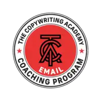 A circular logo with a red center featuring overlapping black letters TCA. The words THE COPYWRITING ACADEMY COACHING PROGRAM and EMAIL surround the edge, highlighting freelance marketing strategist and copywriter services on a white background.