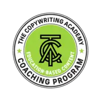 A circular logo with a green center featuring overlapping letters TCA. The outer white ring reads The Copywriting Academy Coaching Program and Education-Based Content in green—ideal for freelance marketing strategist and copywriter services.