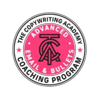 A circular logo with a pink center and black text reading The Copywriting Academy Advanced Email & Bullets Coaching Program, featuring a stylized overlapping CA in the middle—ideal for freelance marketing strategist and copywriter services.