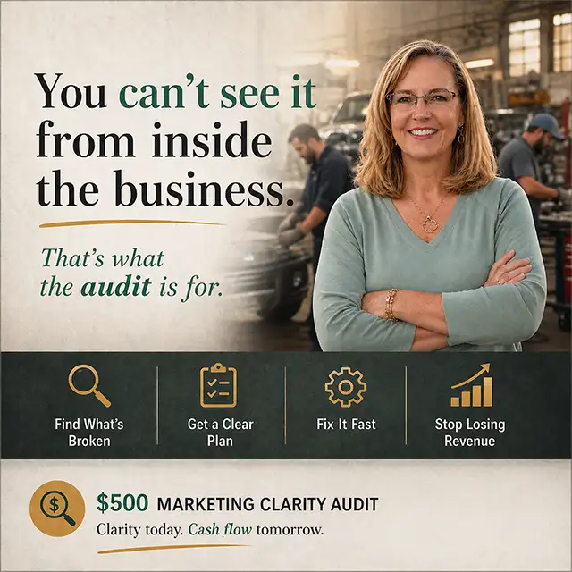 A smiling woman stands confidently with arms crossed in a business setting. Text reads “You can’t see it from inside the business. That’s what the audit is for.” Promotions for freelance marketing strategist and copywriter services are shown below.